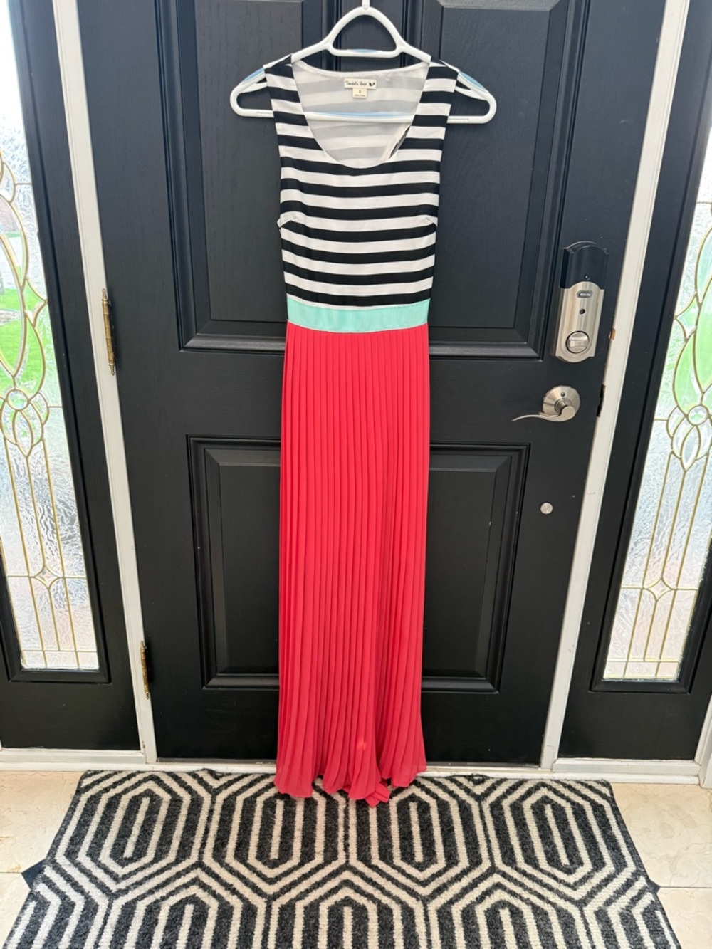 Double Zero Black & White Striped Top with Mint Waistband and Coral Maxi Skirt